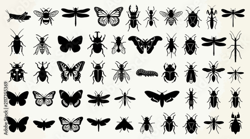 Detailed Silhouettes of Diverse Insects and Bugs Collection for Nature, Entomology, and Educational Design Projects