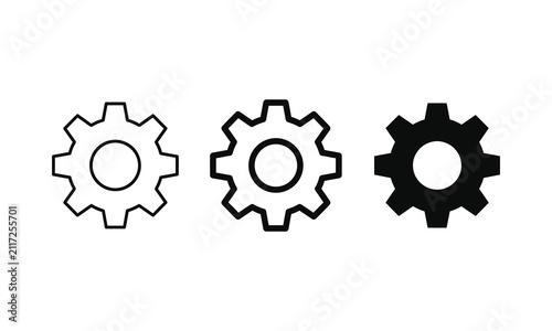 Set of three gear icons in different line weights and solid fill styles isolated as a clean vector illustration