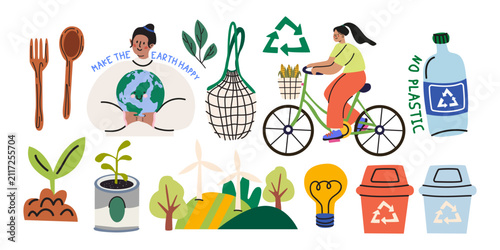 Eco friendly lifestyle element set in retro cartoon style. Recycling and zero waste stickers. Ecology, organic products and environmental protection. Flat vector illustrations