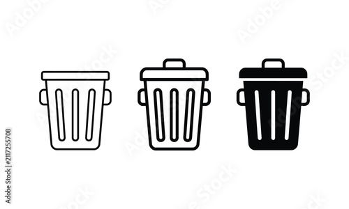 Set of three trash can icon designs in a flat vector style for web and mobile user interface applications