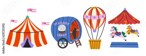 Bild auf Leinwand Circus and amusement park element set, big top tent, hot air balloon, carousel a