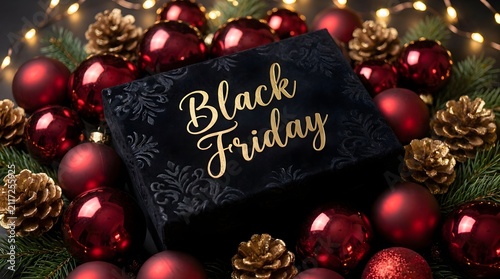 Black friday sale gift box surrounded by festive red ornaments and golden pine cone decorations