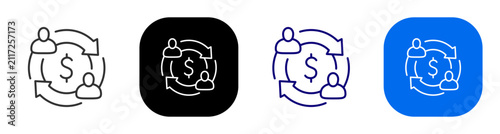 Users with dollar and circular arrows for payment exchange and finance cycle. Line, filled, black, color set. Editable stroke