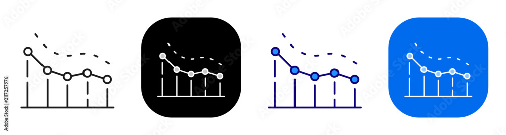 Obraz premium Downward trend chart for decline analytics loss measurement and performance drop. Line, filled, black, color set. Editable stroke