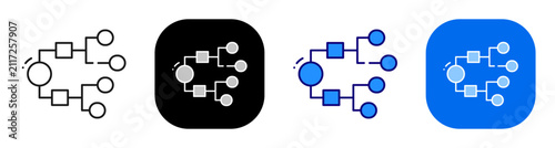Workflow diagram nodes for process mapping structure and system organization. Line, filled, black, color set. Editable stroke
