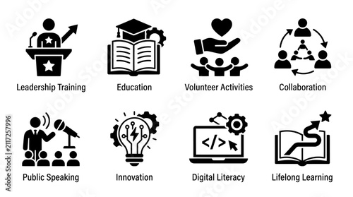 Collection of black glyph icons for personal growth and soft skills vector
