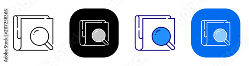 Document magnifier concept representing report search and record inspection. Line, filled, black, color set. Editable stroke