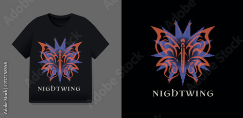 Bild auf Leinwand T-shirt print design featuring an mystical tribal butterfly and star in dark Y2K cyber sigilism style