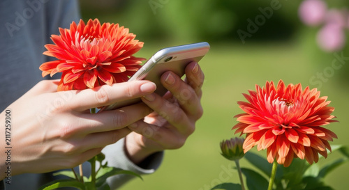 Person holding smartphone while taking photo of orange flowers  