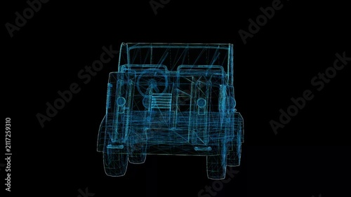 Futuristic 360° rotating HUD wireframe vehicle animation with glowing X-ray blueprint style. High-tech digital interface, seamless loop, perfect for AI, automotive, engineering, defense, and sci-fi pr