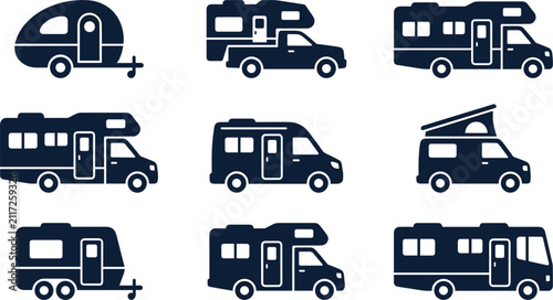 Fotografía Recreational vehicle flat silhouette icon set featuring camping trailer motorhom