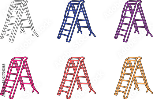 Set of colorful stepladders and ladders in various colors against a transparent background, simple outline design.