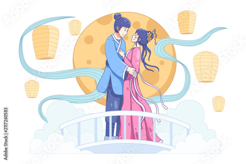 Chinese Couple in Hanfu Embracing Under Full Moon, Qixi Festival Illustration
