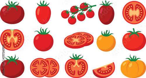 Set of fresh red and yellow tomatoes in various cuts and shapes as flat vector illustrations