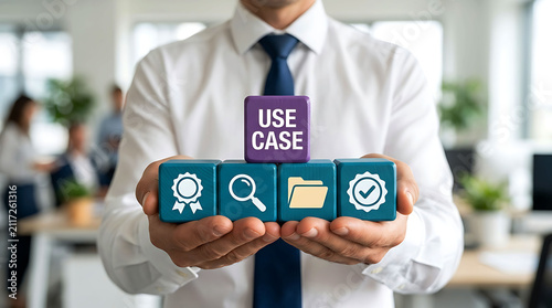 Businessman holding wooden blocks with use case text and icons