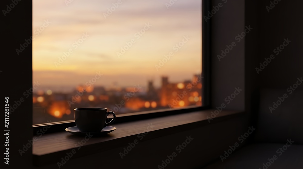 Obraz premium 3D render of a serene and atmospheric view from a window at sunset looking out over an evening cityscape with the black silhouette of a coffee or tea cup in the foreground creating a contemplative