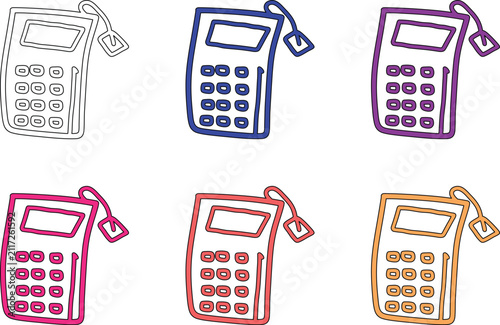 Set of six vibrant calculators with tags, vector illustration of portable electronic devices in various colors.