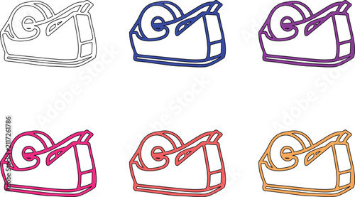 Set of six vibrant line art tape dispenser illustrations on a transparent background, depicting office supplies.