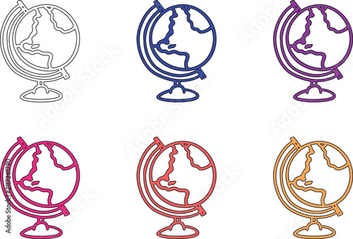 Set of six vibrant line art globe illustrations on a transparent background, showcasing different color variations.