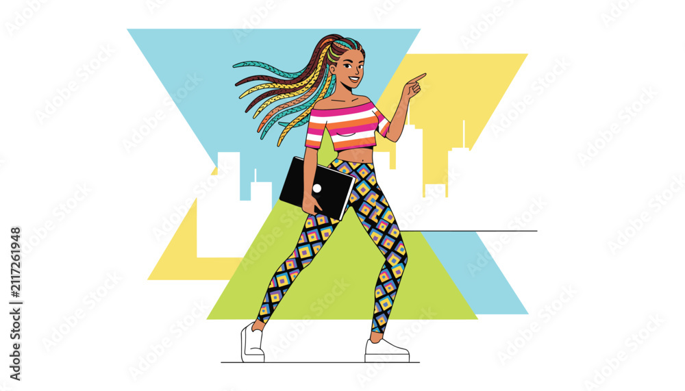 Fototapeta premium Modern fashionable woman with colorful braids holding laptop and pointing against city skyline background vector.