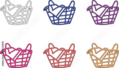 Shopping basket outline in different colors hand drawn sketch vector illustration on transparent background.