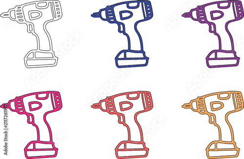 Six colorful line art illustrations of cordless power drills on transparent background, showcasing various hues for versatility.