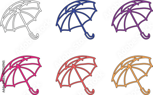 Simple umbrella rain protection icon set with multiple outline colors for weather forecasting and accessory collection.
