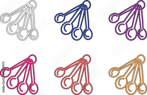 Six colorful line art illustrations of measuring spoons on transparent background, showcasing various hues for versatility.