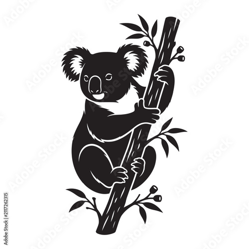 Canvas Print Isolated black vector silhouette of a koala clinging to a single eucalyptus branch
