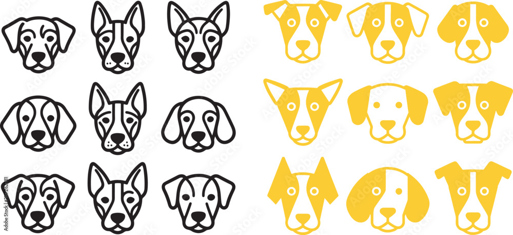 Fototapeta premium Dog head vector icons set with black line art and yellow flat designs for pet shop branding and veterinary logo design