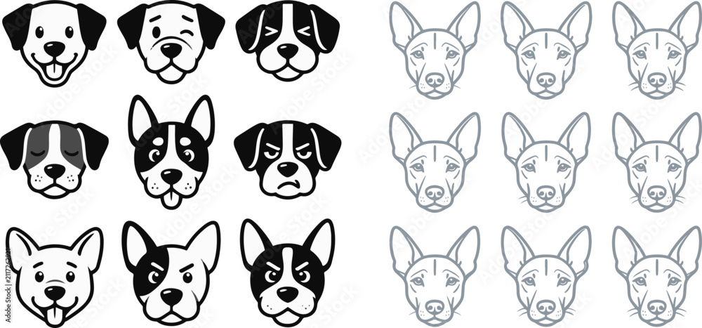 Fototapeta premium Vector dog face icons and puppy character illustrations with different expressions for pet branding and emoji design