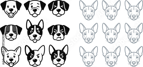Vector dog face icons and puppy character illustrations with different expressions for pet branding and emoji design