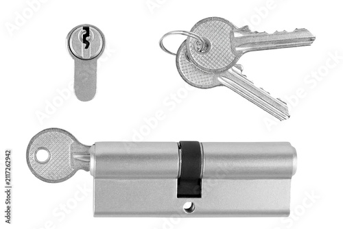 Euro profile cylinder lock with door keys isolated on white background
