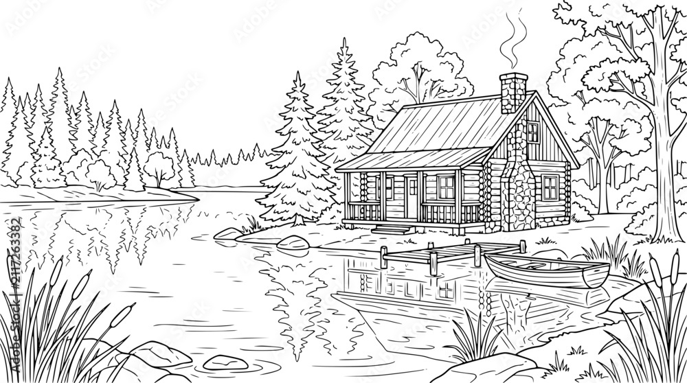 Naklejka premium Log cabin by a peaceful lake coloring page landscape illustration