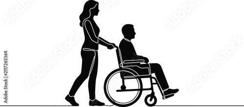 Woman pushing wheelchair, disabled man sitting, medical care, continuous line art, nursing assistance, patient support, rehabilitation concept