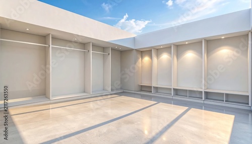 Modern interior design with blue sky.