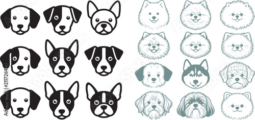 Vector dog face icon set with various breeds in minimalist and line art styles for logo and graphic design