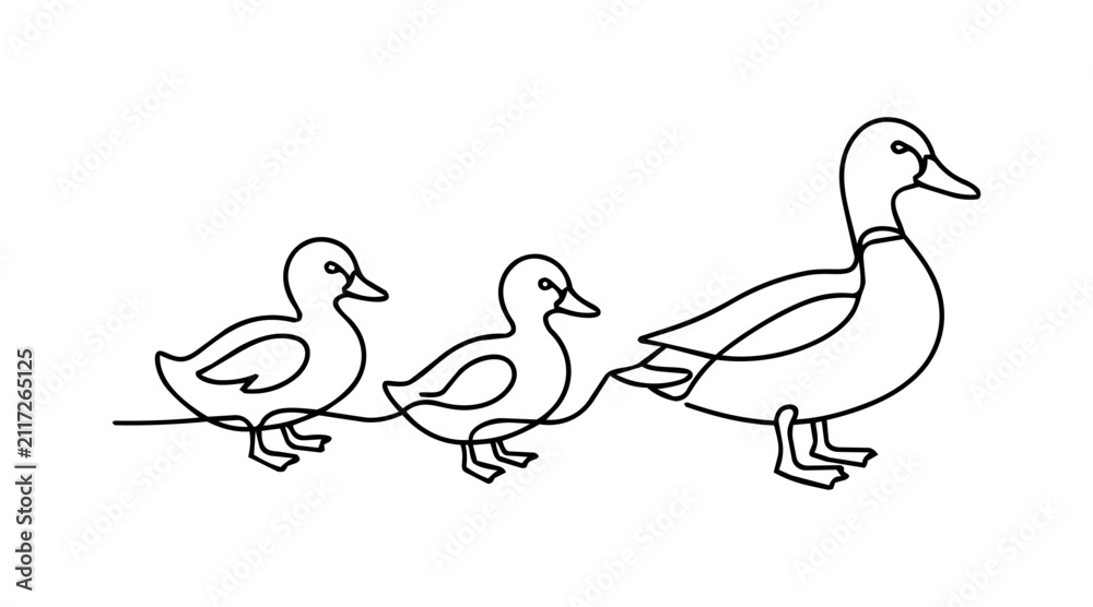 Fototapeta premium Minimalist Continuous One Line Drawing of Cute Swimming Ducklings Isolated on White