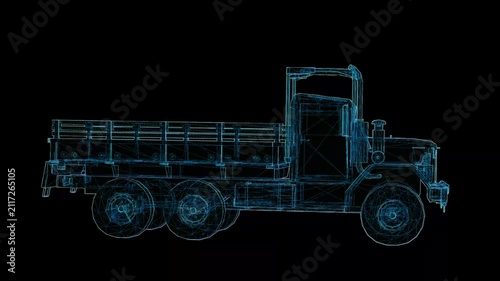Futuristic 360° rotating HUD wireframe vehicle animation with glowing X-ray blueprint style. High-tech digital interface, seamless loop, perfect for AI, automotive, engineering, defense, and sci-fi pr