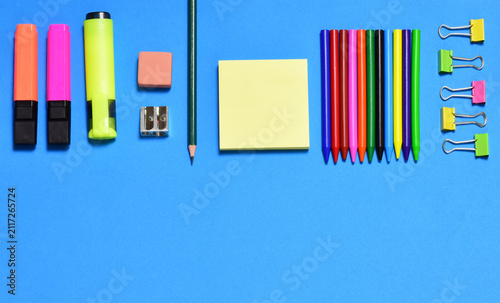 Zenith view. Back to school concept, blue background and copy space.