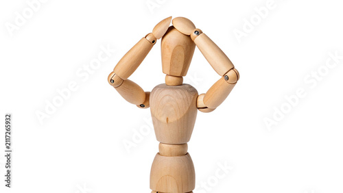 Fotografie Artistic wooden human mannequin figure hands on head isolated on transparent bac