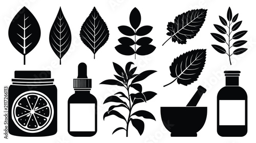 Icon collection vector silhouettes of herbal extracts