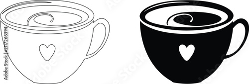 Hot drink cup outline and solid silhouette with heart and swirl design element isolated on transparent background.