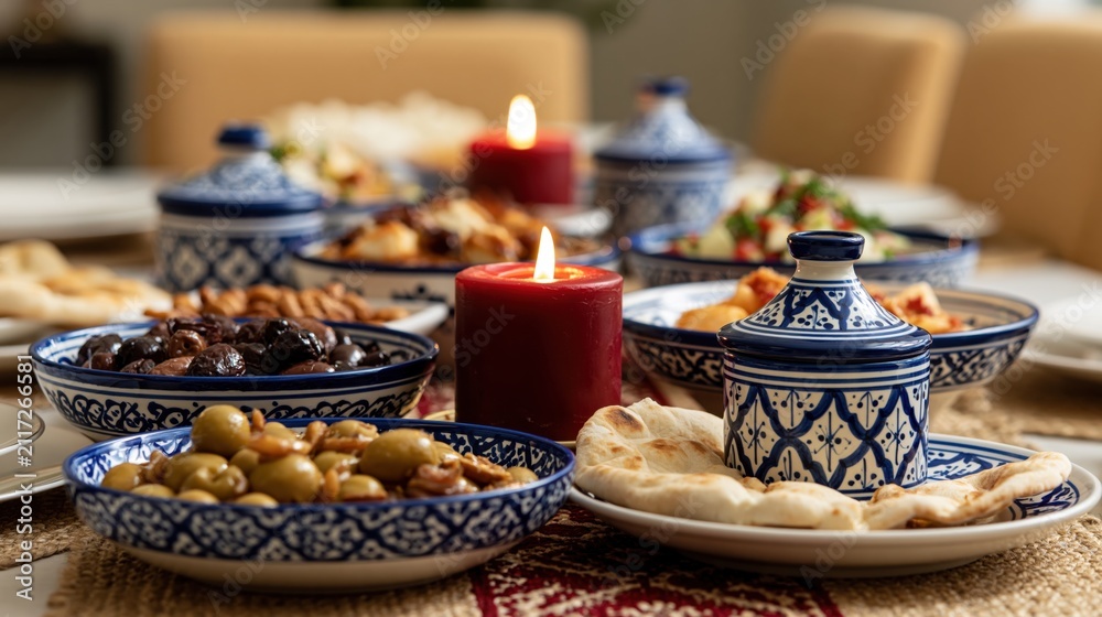 Fototapeta premium The Dinner Table Setting with Blue and White Ceramic Dishes and Candles