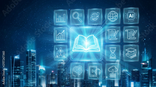 Foto Digital library and online education concept, glowing book icon with futuristic