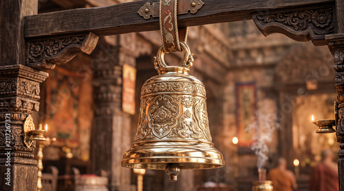 Detailed ornate golden brass bell hanging from carved wooden beam inside traditional ancient temple courtyard with burning incense smoke background
