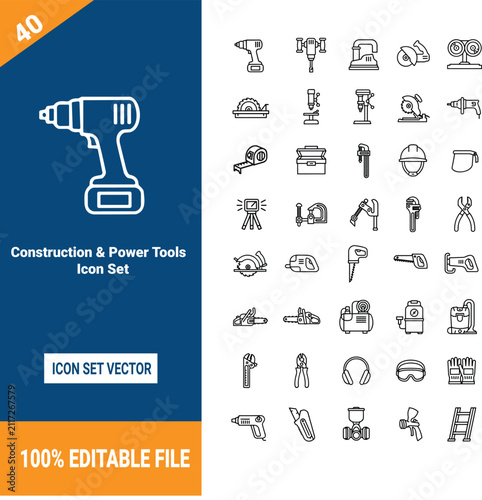 Quadro su tela Construction and power tools line icon set for maintenance and repair