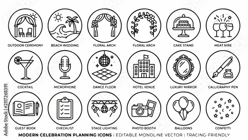 Modern Indian Wedding & Event Planner Icons: Monoline Vector Set for Outdoor Ceremonies, Beach Venues & Stage Decor