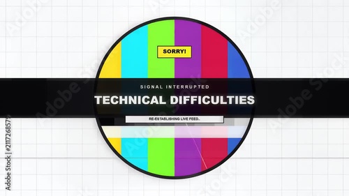 Vibrant technical difficulties screen with colorful signal interruption, animated loading bar, retro TV aesthetic, symbolizing connectivity issues and troubleshooting