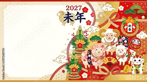 2027 Japanese New Year Greeting Card Featuring Sheep and Traditional Motifs